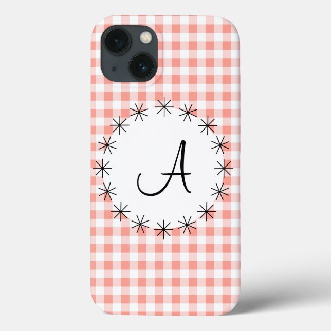 Coral Gingham Check 'Monogram' iPad Mini case (Back)