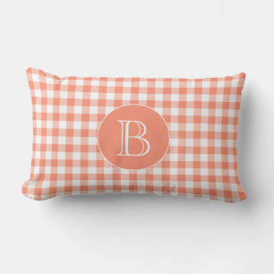 Coral Gingham Pattern Custom Monogram Lumbar Pillow