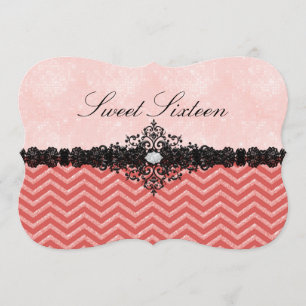 Coral Glitter Chevron & Damask Sweet16 Invitation