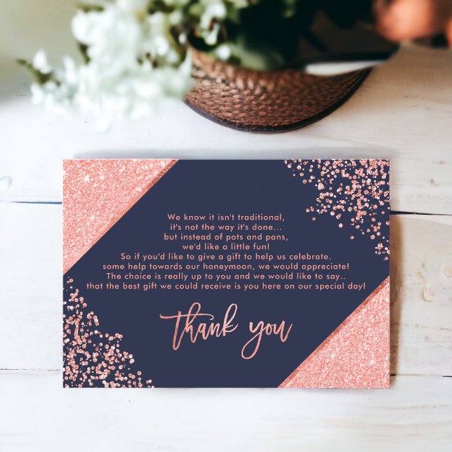 Coral glitter confetti navy blue wedding thank you invitation (Coral glitter confetti navy blue wedding thank you invitation)