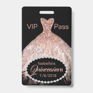 Coral Glitter Dress Quinceañera VIP Party Badge