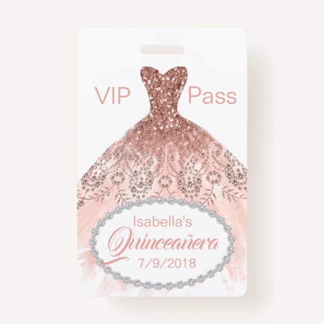 Coral Glitter Dress Quinceañera VIP Party Badge (Front)