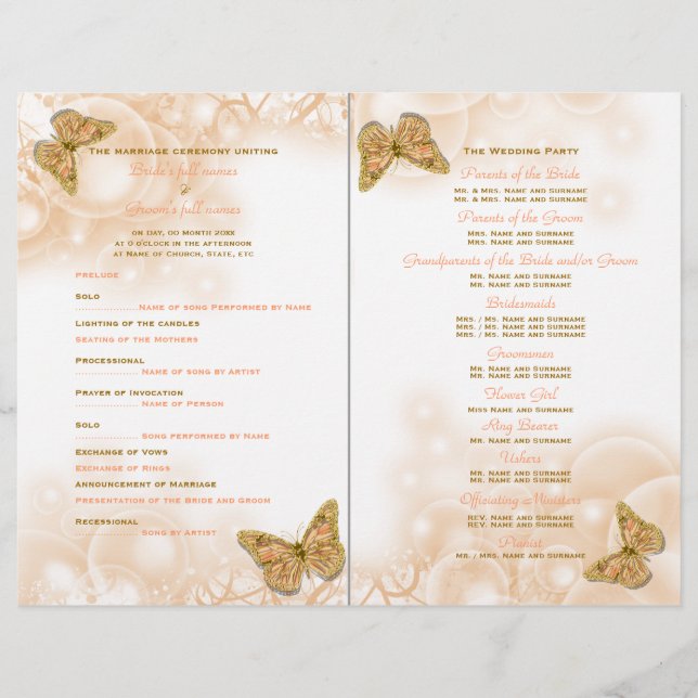 Coral gold butterfly wedding program (Front)