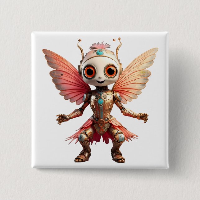 Coral Gold Cute Dancing Robot Pixie 2 Inch Square Button (Front)
