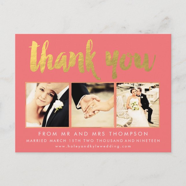 Coral Gold Foil Thank You Script Typography Photo Postcard (Front)