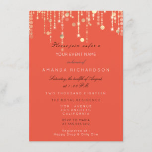 Coral Gold Glitter Drips Birthday Bridal Shower Invitation