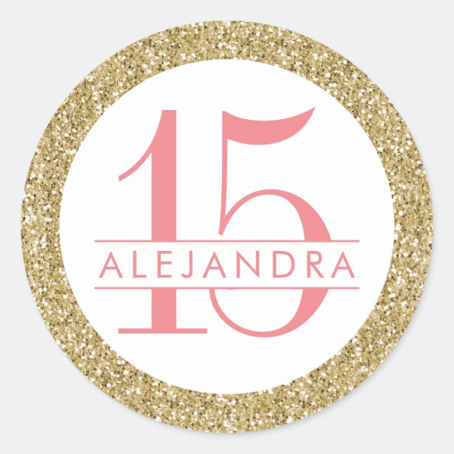 Coral Gold Glitter Quince Años Favour Sticker Labe (Front)