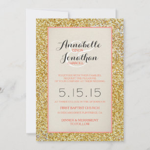 Coral Gold Glitter Wedding Announcement Invitation