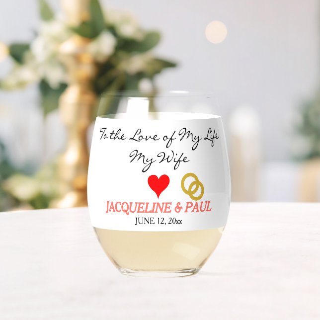 Coral Gold Groom to Bride Red Heart Stemless Wine Glass (Insitu (Wedding))