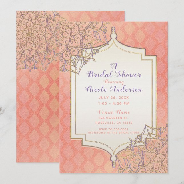Coral Gold Lavender Moroccan Arabian Bridal Shower Invitation (Front/Back)