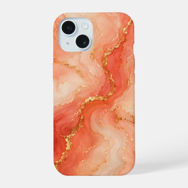 Coral Gold Marble River Abstract iPhone 15 Case (Back)