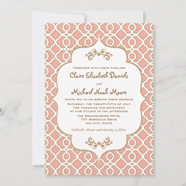 Coral Gold Marocain Inspiré Mariage Invitations (Devant)