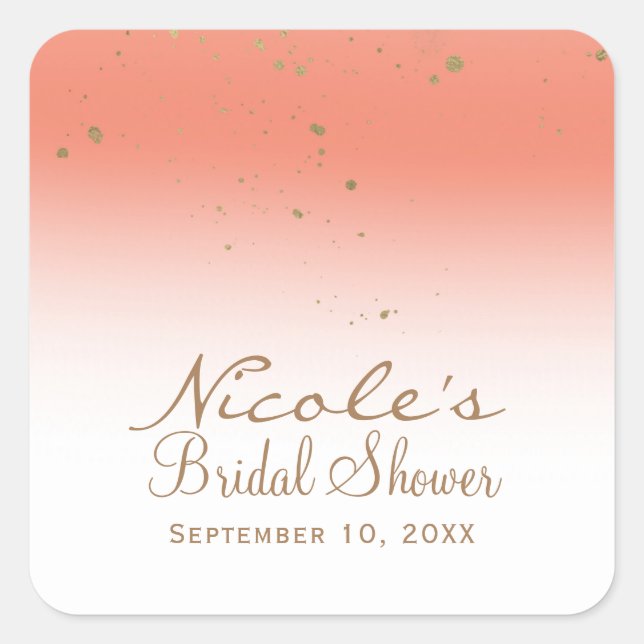 Coral & Gold Modern Glam Bridal Shower Party Square Sticker (Front)