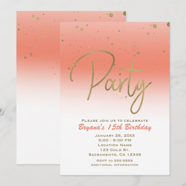 Coral & Gold Modern Glam Confetti Birthday Party Invitation (Front/Back)