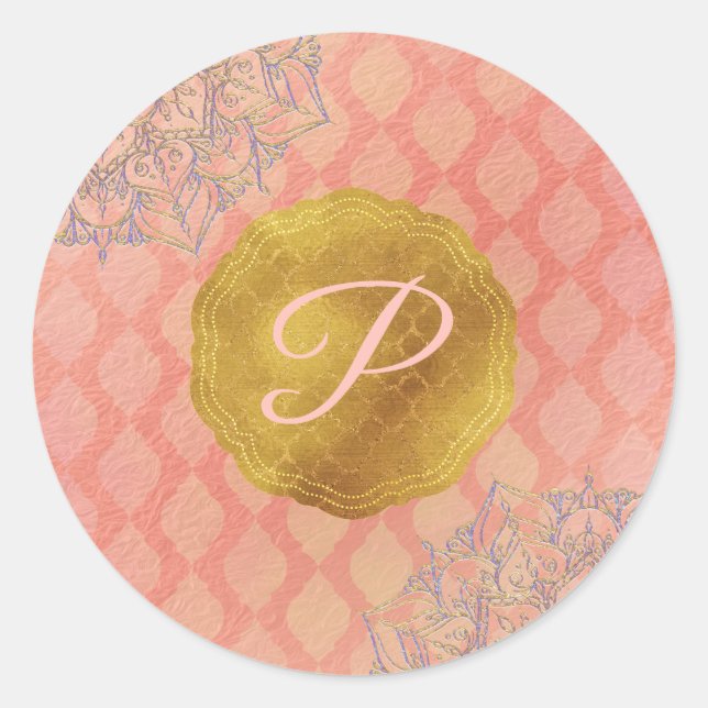 Coral Gold Moroccan Glam Monogram Wedding Favour Classic Round Sticker (Front)