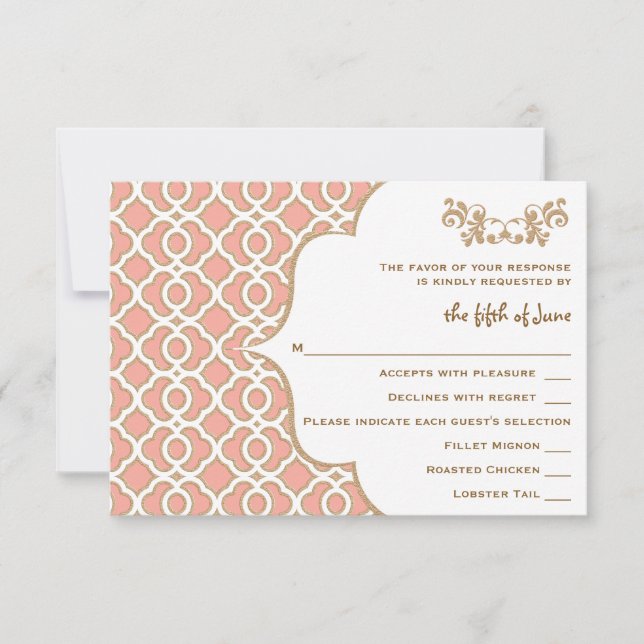 Coral Gold Moroccan Wedding RSVP Response Cards (Front)