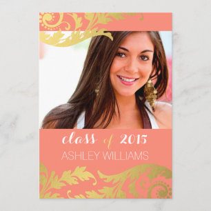 Coral Gold Swirls Photo Graduation Announcement