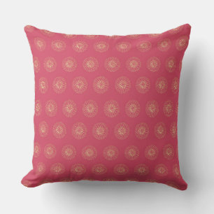 Coral   Golden Zinnia Flower Medallions Throw Pillow