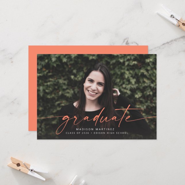 Coral Graduate Script Graduation Announcement (Front/Back In Situ)