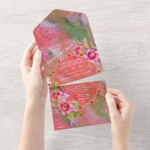 Coral, Grass & Peony-pink Blooms All In One Invita All In One Invitation