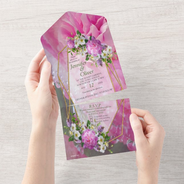 Coral, Grass & Peony-pink Blooms All In One Invitation (Tearaway)