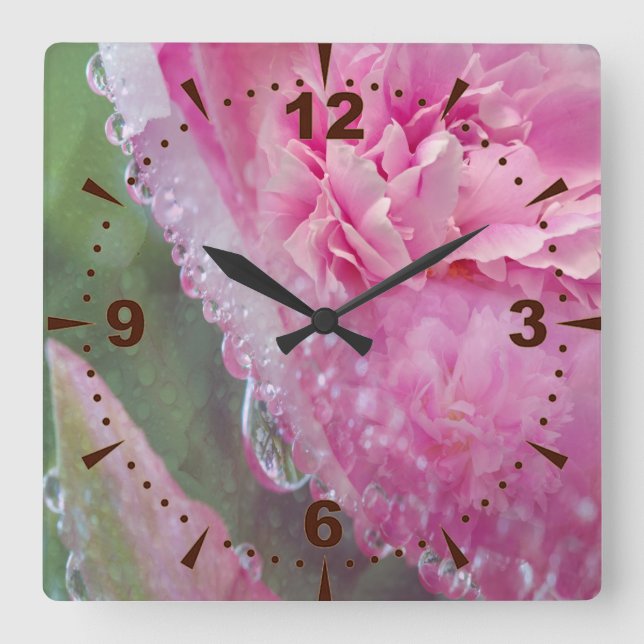 Coral, Grass & Peony-pink Blooms Square Wall Clock (Front)