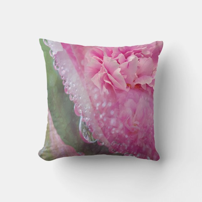 Coral, Grass & Peony-pink Blooms Throw Pillow (Front)