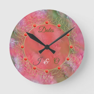 Coral, Grass & Peony-pink Blooms Throw Pillow Round Clock