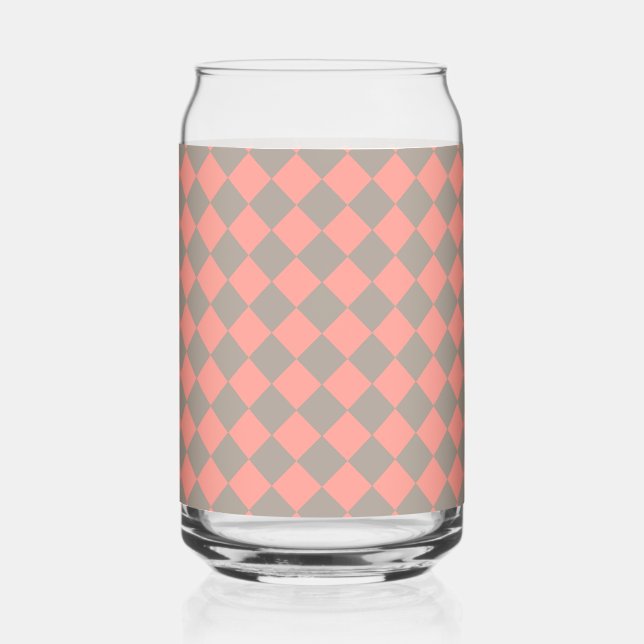 Coral Gray Checker Diamond Pattern Can Glass (Front)