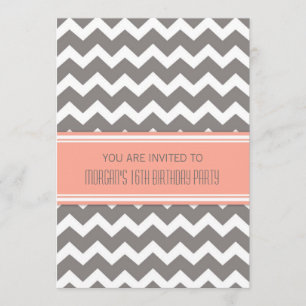 Coral Gray Chevron 16e anniversaire Invitations