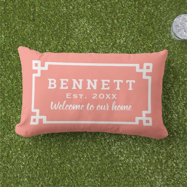Coral Greek Key Custom Monogram Welcome Lumbar Pillow (Grass)