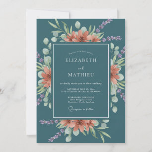 Coral Green Botanical Romance Wedding Invitation