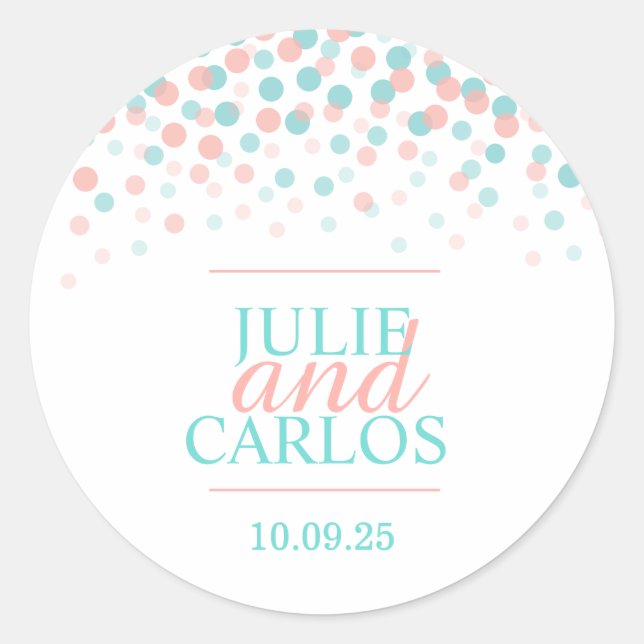 Coral green confetti falling dots wedding sticker (Front)
