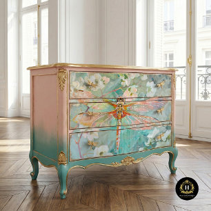 Coral Green Dragonfly Vintage Floral Decoupage  Tissue Paper