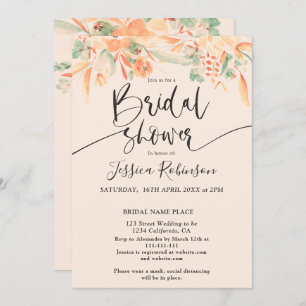 Coral green floral watercolor boho bridal shower  invitation
