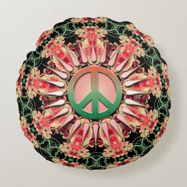 Coral Green Flower Circle of Peace Round Cushion (Front)