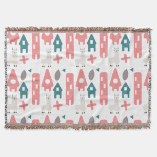 Coral Green Llama Alpaca Animal Homs Throw Blanket