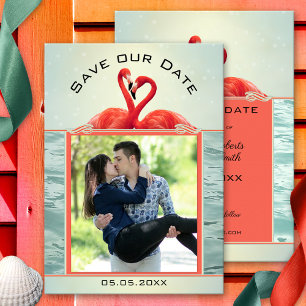 Coral Green Photo Flamingo Save the Date Card