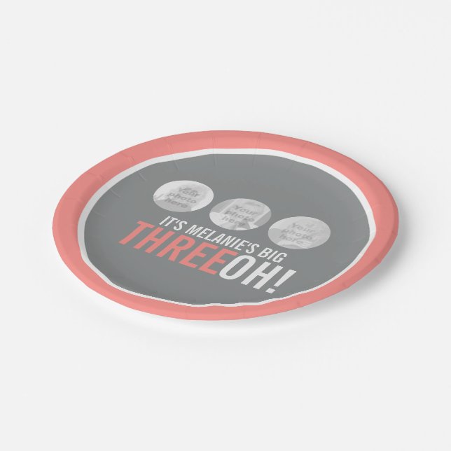 Coral grey 30th THREE OH! three photo birthday Paper Plate (Angled)