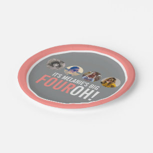 Coral grey 40th FOUROH! four photos birthday Paper Plate
