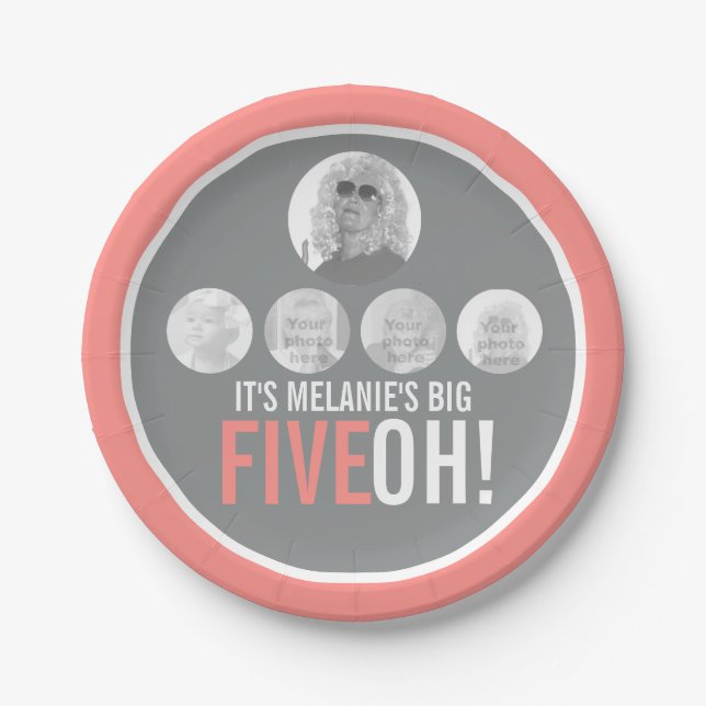 Coral grey 50th FIVEOH! five photos birthday Paper Plate (Front)