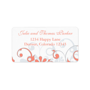 Coral Grey Abstract Floral Wedding Return Address Label