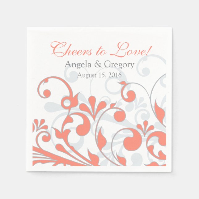Coral Grey Abtract Floral Personalized Wedding Napkin (Front)