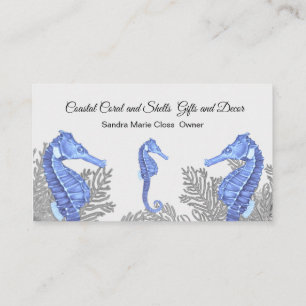 Coral Grey Blue Seahorse  Simple Coastal Business Card
