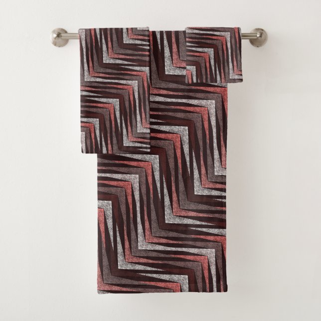 Coral, grey, brown zigzag pattern. bath towel set (Insitu)