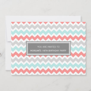 Coral Grey Chevron 16th Birthday Party Invitation