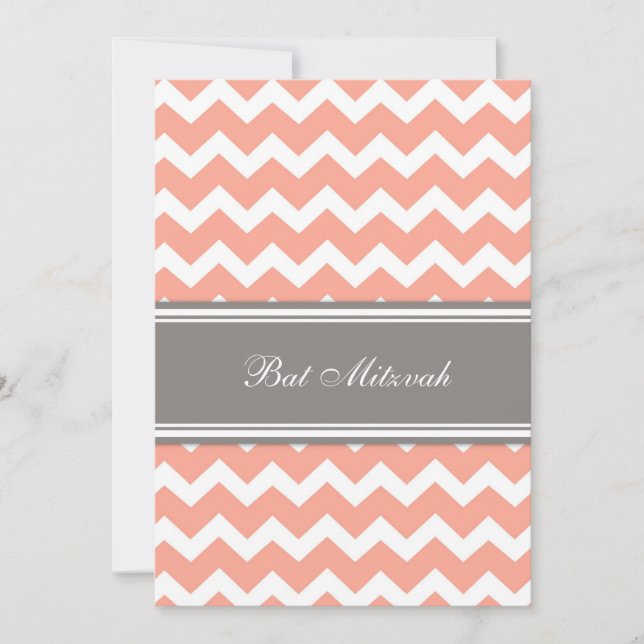 Coral Grey Chevron Bat Mitzvah Invitations (Front)