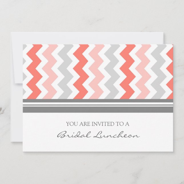 Coral Grey Chevron Bridal Lunch Invitation Cards (Front)