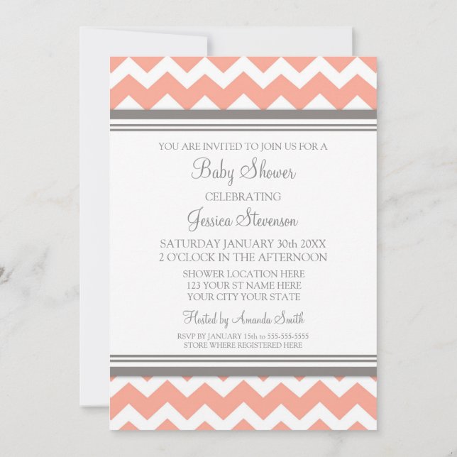 Coral Grey Chevron Custom Baby Shower Invitations (Back)