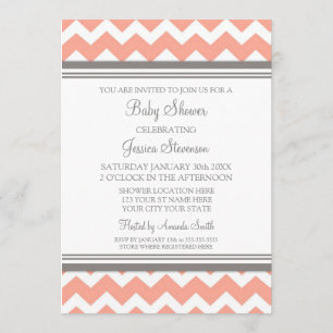 Coral Grey Chevron Custom Baby Shower Invitations